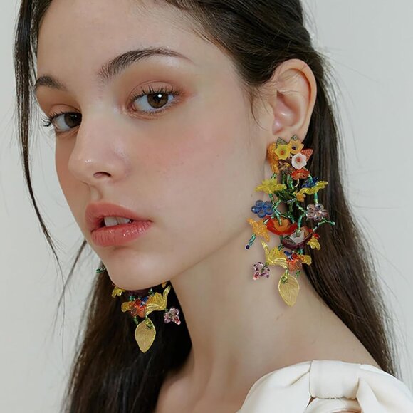 Colorful Beaded Flower Earrings Bohemia Dangle Summer Beach Jewelry Women - Picture 2 of 7